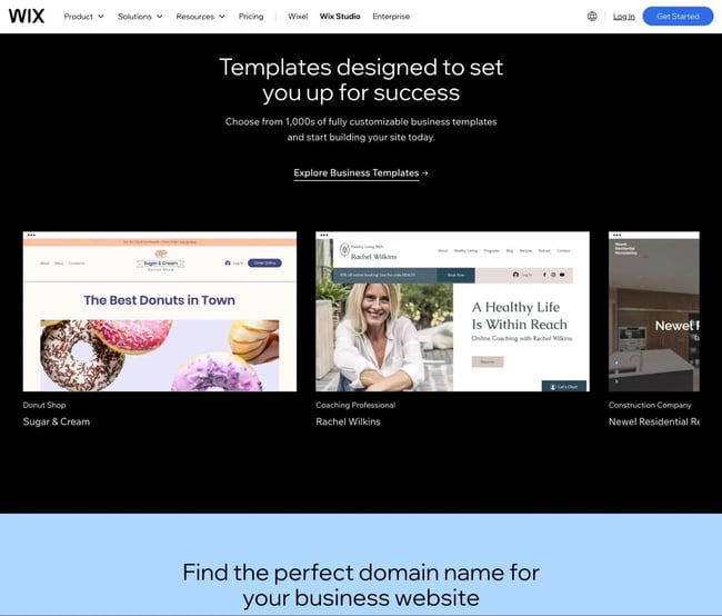 the wix business website landing page.
